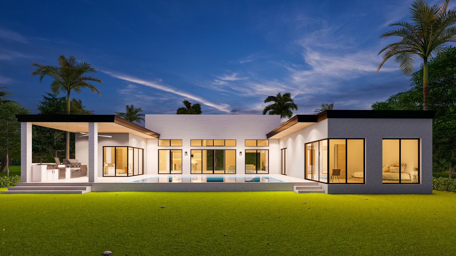 Minimalist luxury residence with floor-to-ceiling glass at dusk